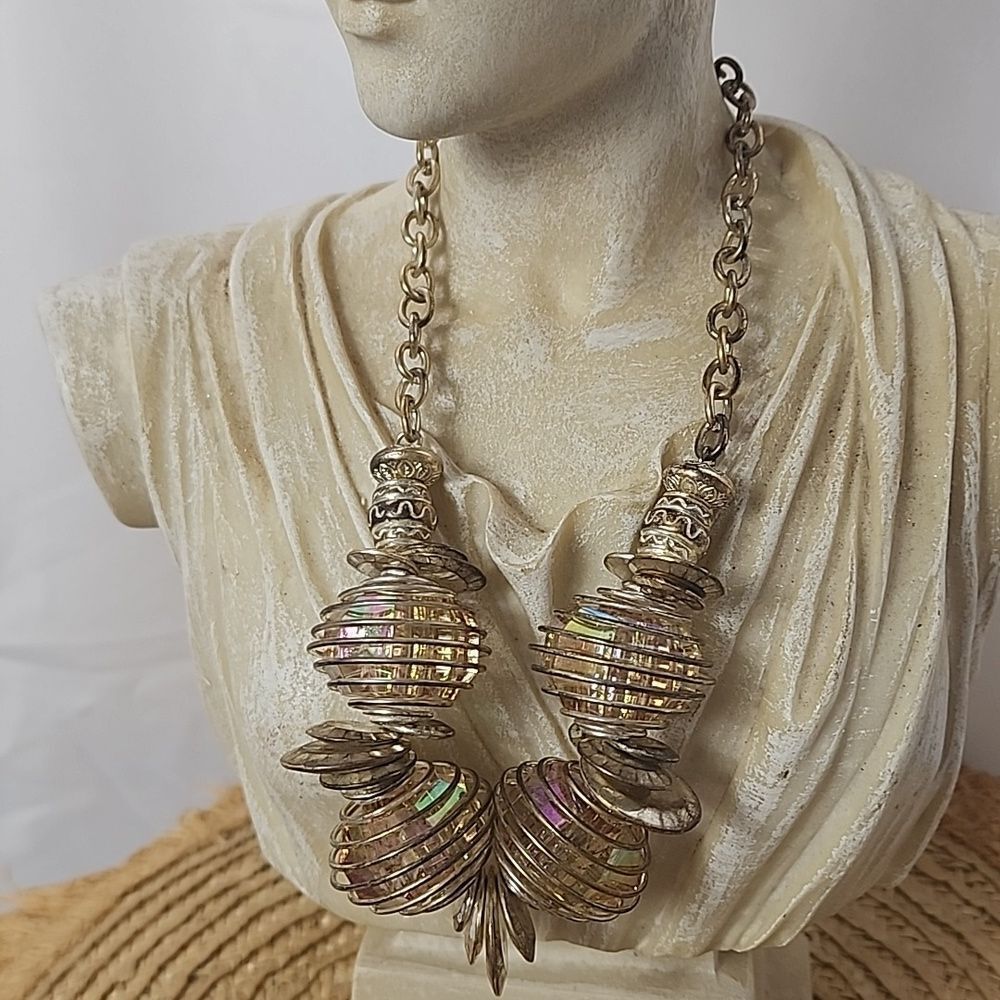 Vintage Spiral Artsy Encapsulated Aurora Borealis Bead Statement Necklace